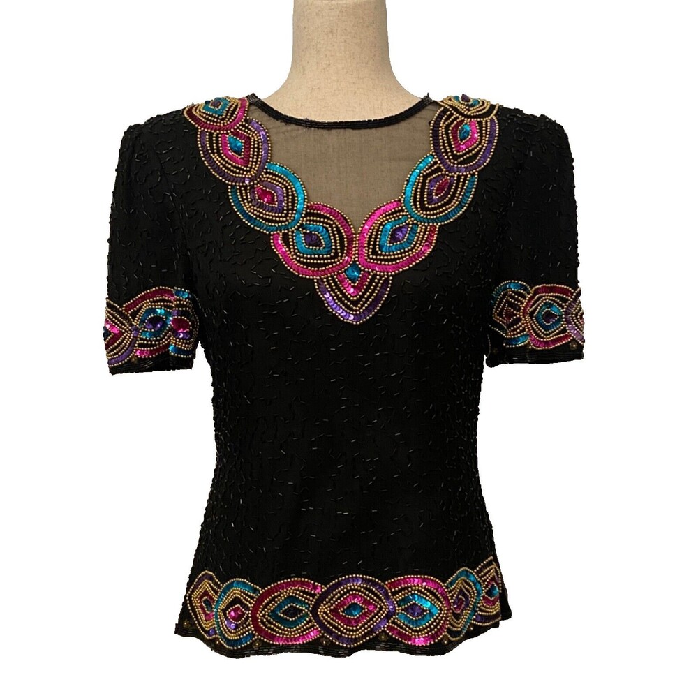 Sz M VINTAGE STENAY 80s Beaded Sequin Cocktail Blouse 100% Silk Retro PINK BLACK